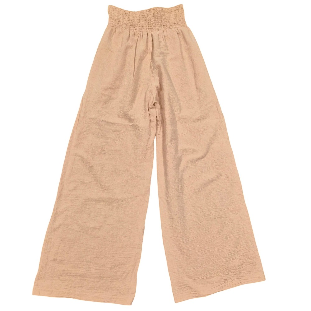 Lofbaz Tan Cotton Linen Wide Leg Smocked Waist Palazzo Pants Womens Medium